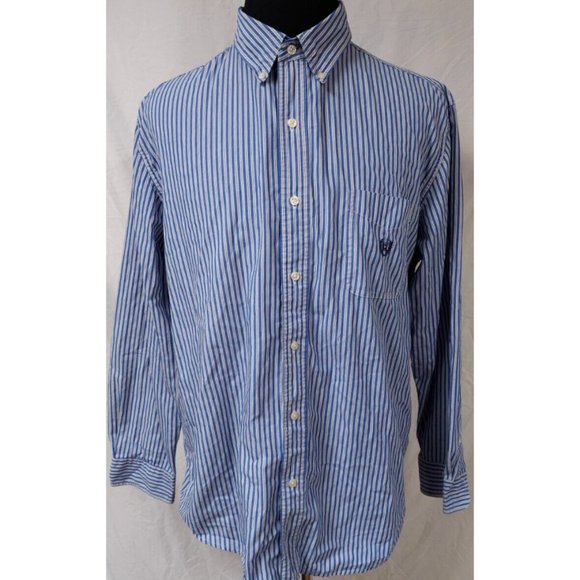 Chaps Easy Care XL Blue Striped Long Sleeve Button Down Embroidered Logo Shirt - Picture 1 of 11